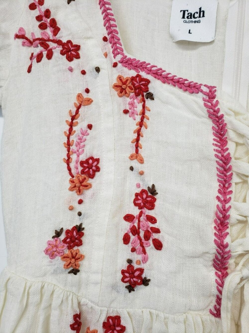 Tach Clothing Raffaella Free People White Pink Linen Floral Embroidered Dress - Picture 10 of 16